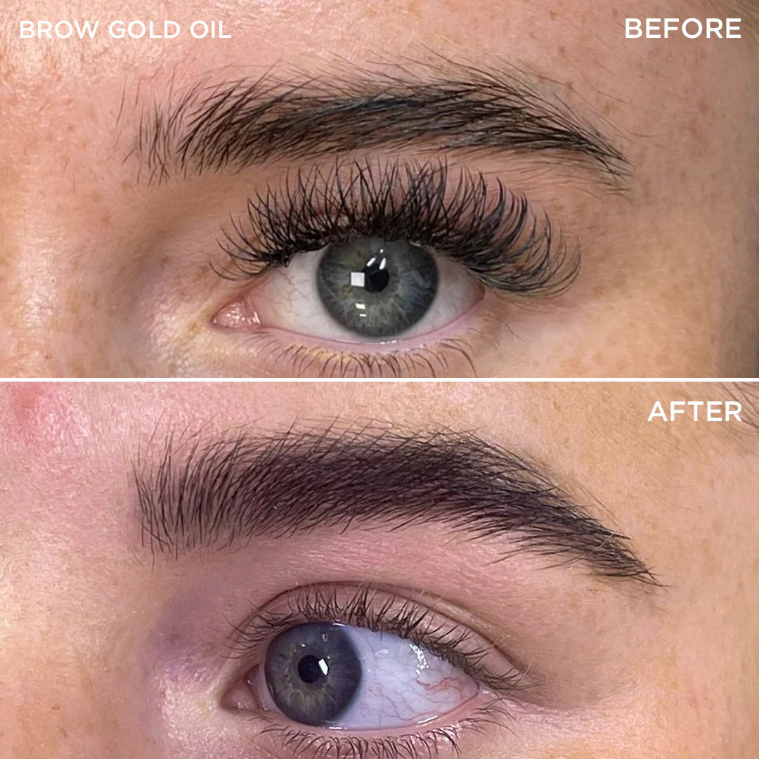 Before and after shot of model Brow Gold Nourishing Growth Oil 1
